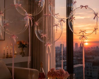 45 Piece Clear Bow Balloon Set | Luxury Party Decor | Pink Black Red Ribbon Balloons | Wedding Bridal Baby Shower