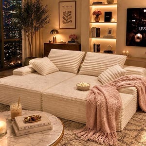 May include: A cozy living room scene featuring a modular cream-colored corduroy sofa with multiple pillows. A pink throw blanket and a bowl of popcorn add warmth. A marble coffee table holds books and a candle. A TV displays "gossip girl".