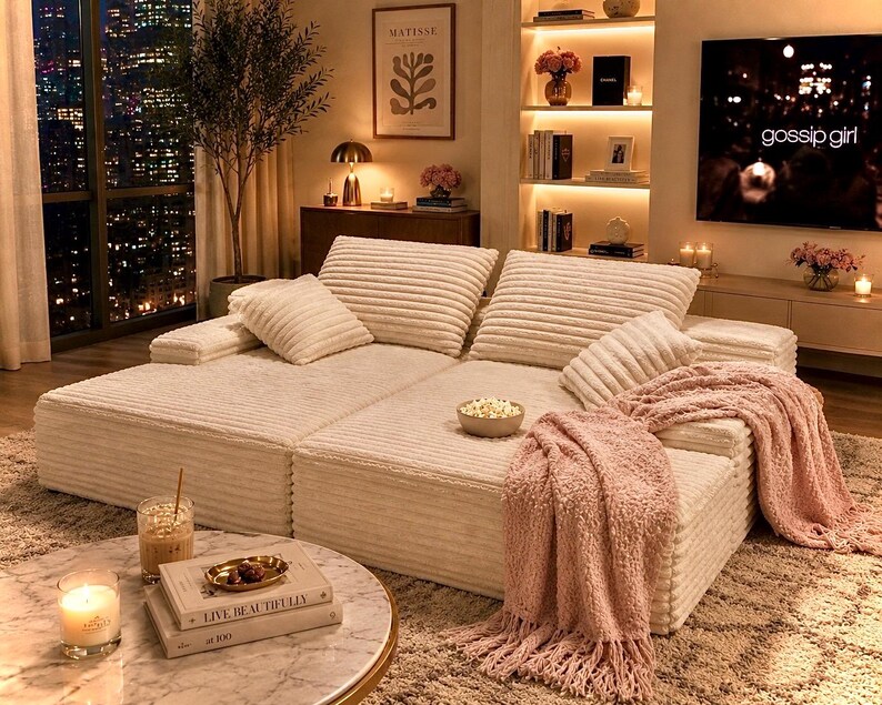 May include: A cozy living room scene featuring a modular cream-colored corduroy sofa with multiple pillows. A pink throw blanket and a bowl of popcorn add warmth. A marble coffee table holds books and a candle. A TV displays "gossip girl".