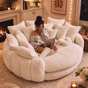 May include: A large, round, off-white textured sofa with multiple plush pillows. A person is sitting on the sofa with a laptop. The room has a fireplace, bookshelves, and a framed art print. The overall aesthetic is cozy and inviting.