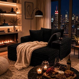 May include: A cozy living room scene featuring a black textured sectional sofa with a cream-colored throw blanket. A marble coffee table holds a charcuterie board, candles, and wine glasses. The backdrop includes a fireplace, bookshelves, and a city skyline view.