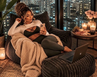 Luxury Corduroy Lounge Chair with Ottoman | Cozy Chair for Adults | Modern Lounge Reading Chair | Gaming Chair | Premium Plush Home Decor