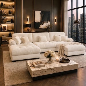 May include: A stylish living room with a large white sectional sofa and a marble coffee table. The room features a beige rug, dark walls, and a large window with a city view. The coffee table has a vase of flowers and candles.