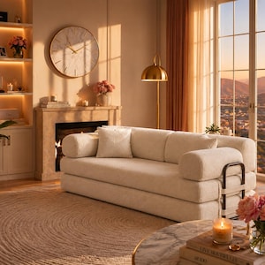 May include: A beige sofa with rounded armrests and a matching pillow sits in a living room. A round rug, a marble-topped coffee table, and a gold-toned floor lamp are also visible. A large clock hangs above a fireplace.
