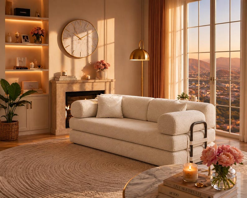 May include: A beige sofa with rounded armrests and a matching pillow sits in a living room. A round rug, a marble-topped coffee table, and a gold-toned floor lamp are also visible. A large clock hangs above a fireplace.