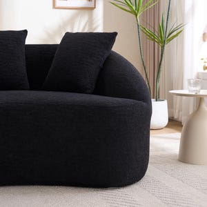 May include: A contemporary black sofa with two cushions. The sofa has a curved design and a textured material. A small side table and a potted plant are visible in the background, suggesting a living room.