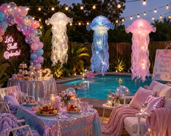 Mermaid Jellyfish Lanterns Set | LED lights | Hanging Paper Lantern Decor | Under The Sea Birthday Party Decorations | Ocean Theme Party