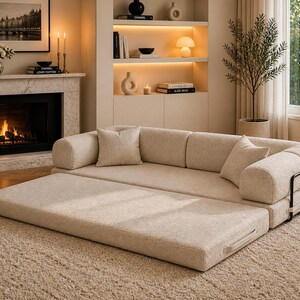 May include: Beige modular sofa with two matching throw pillows. The sofa has a pull-out section and a black metal frame. The sofa is placed on a beige carpet in a living room setting. The room also features a fireplace and a decorative plant.