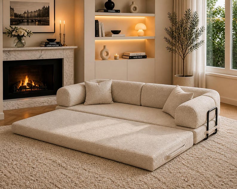 May include: Beige modular sofa with two matching throw pillows. The sofa has a pull-out section and a black metal frame. The sofa is placed on a beige carpet in a living room setting. The room also features a fireplace and a decorative plant.