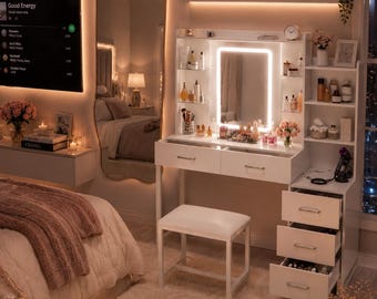 White Makeup Vanity | LED Mirror | Vanity Desk with Glass Top | RGB Lights | 5 Drawers |Power Outlet | Chair Included | Free Shipping
