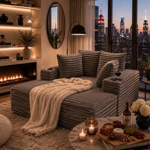 May include: A contemporary living room scene with a grey corduroy sectional sofa, cushions, and a cream-coloured throw. A marble coffee table displays a charcuterie board, wine, and candles, with a city skyline visible through the window.