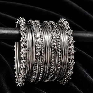 Oxidized Silver Bangle Set | Handcrafted Traditional Indian Ethnic Boho Bracelet Stack
