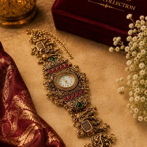 May include: An ornate gold-toned metal watch bracelet featuring intricate filigree detailing, embedded red and green stones, and a central round white clock face with black numerals. The piece includes an adjustable chain and a hook clasp closure.