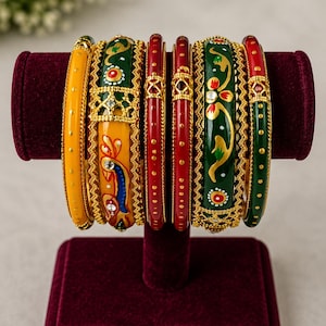 Handgemachtes indisches Armreifen Set | Grün Rot Orange Braut Chooda, Festival Schmuck