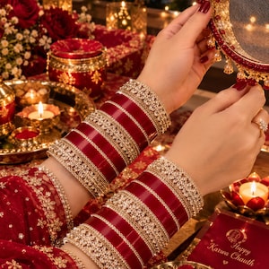 May include: A set of deep red and gold bangles featuring intricate metallic floral patterns and clear stone accents. The bangles are worn on both wrists, paired with a red embroidered sleeve and a circular sieve with red and gold trim.