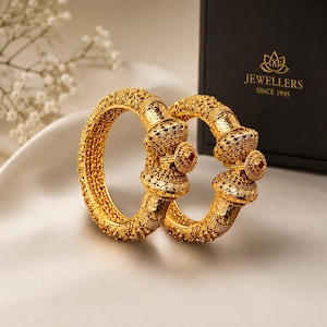 Gold Tone Traditional Bridal Kada 2 pss  Bracelet, Antique Style Cuff Bangle