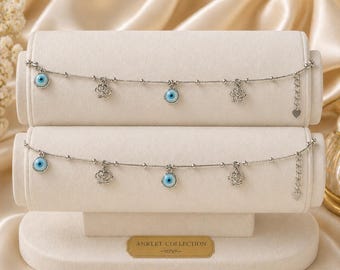 Tobillera de plata de ley con forma de corona del ojo turco / Joyería minimalista protectora para uso diario