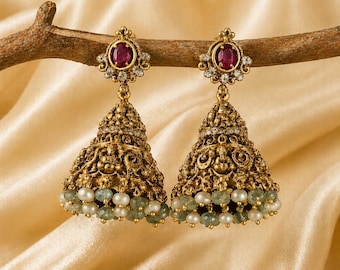 Pendientes Jhumka clásicos / Plata de ley bañada en oro / Atuendo festivo nupcial étnico indio