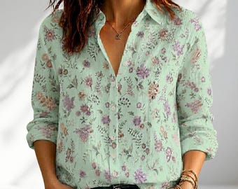 Camisa floral bohemia para mujer, camisa abotonada estilo cottagecore, conjunto de blusa de estilo vintage, blusa de resort, camisa casual de primavera/verano, regalo para ella