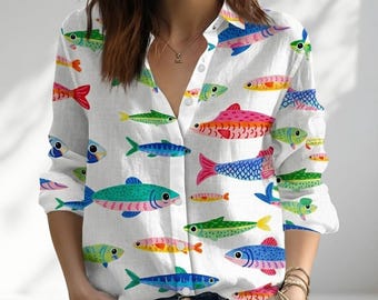 Buntes Fisch-Frauen-Shirt, Ozean-Strandbluse, Sommer-Küstentop, leichtes lässiges Oberteil, Urlaub-Resort-Abnutzungs-Outfit, Geschenk für sie