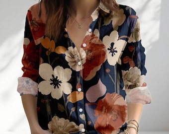 Koszula w kwiaty w stylu boho, damska bluzka na wakacje, top w stylu vintage, letni top, koszula casualowa, elegancka koszula na co dzień, prezent dla niej