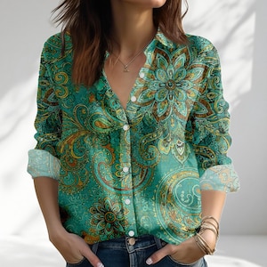 Turquoise Paisley Women Top, Boho Shirt, Mandala Floral Blouse, Vacation Resort Wear, Summer Casual Top, Gardening Outfit, Gift For Her