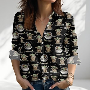 Star Wars Grogu Shirt Women, Cute Baby Yoda Blouse Shirt, Mandalorian Button Up Shirt, Disney World Gift, Star Wars Casual Top For Her