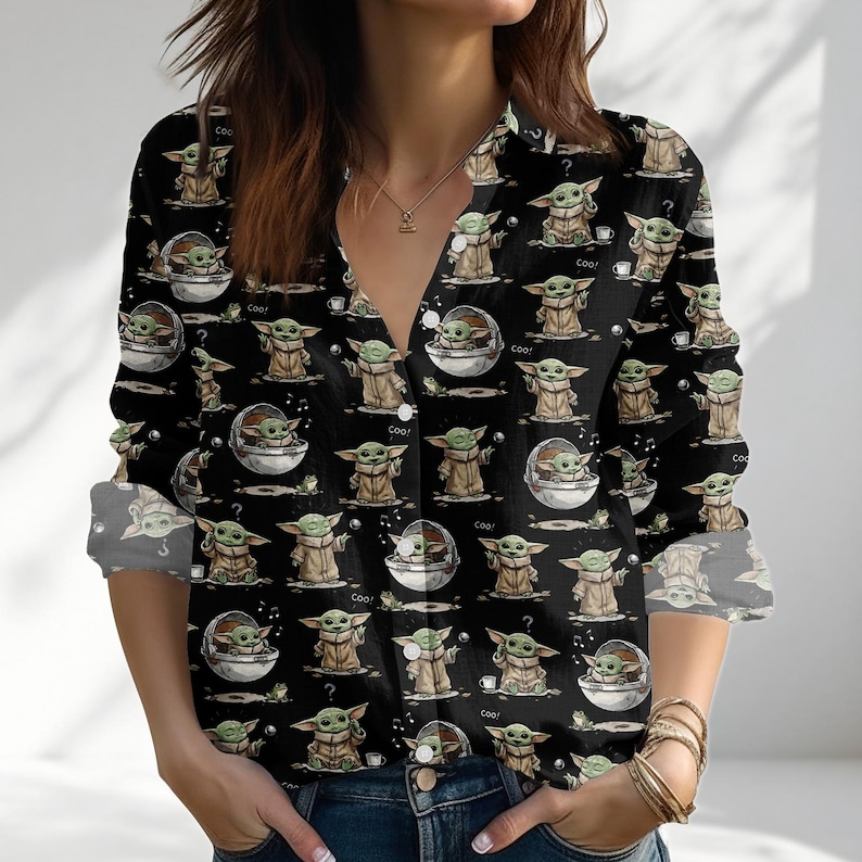 Star Wars Grogu Shirt Women, Cute Baby Yoda Blouse Shirt, Mandalorian Button Up Shirt, Disney World Gift, Star Wars Casual Top For Her