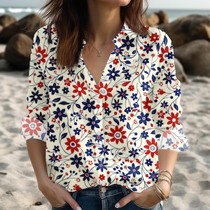 USA Red Blue Floral Blouse Shirt, Patriotic America Button Up Top For Women, July 4th Shirt, USA Summer Long Sleeve Shirt, Gift For Her