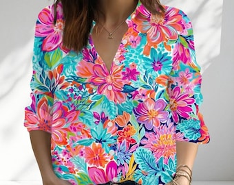 Chemisier fleuri coloré pour femme, chemise d'été tropicale, haut botanique lumineux, tenues de villégiature, boutonnage bohème, tenue de vacances, cadeau pour elle