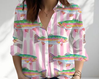 Fish Women Shirt, Rainbow Trout Fishing Blouse Shirt, Preppy Summer Graphic Shirt, Bright Color Fish Top, Outdoor Girls Fishing Shirt