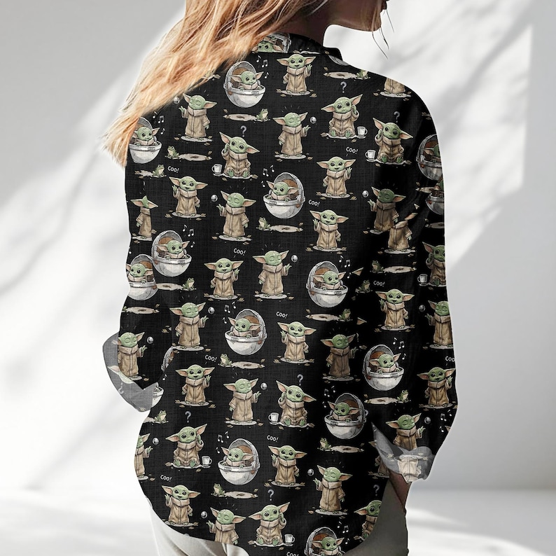 Star Wars Grogu Shirt Women, Cute Baby Yoda Blouse Shirt, Mandalorian Button Up Shirt, Disney World Gift, Star Wars Casual Top For Her