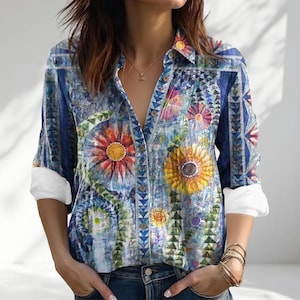 Artistic Sunflower Faux Denim Shirt, Blue Patchwork Floral Women Blouse, Short Sleeve Button Down Top, Boho Summer Shirt, Gift for Her