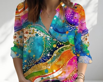 Vibrant Silk Paint Style Women Blouse, Artistic Abstract Tie Dye Shirt, Aesthetic Maximalist Cloth,Colorful Hand Painted Effect Art Top
