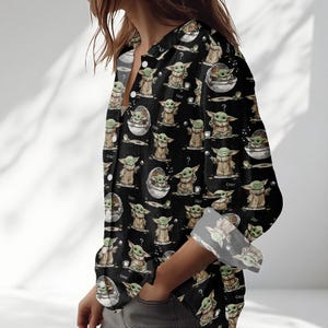 Star Wars Grogu Shirt Women, Cute Baby Yoda Blouse Shirt, Mandalorian Button Up Shirt, Disney World Gift, Star Wars Casual Top For Her