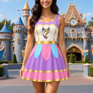 Peut inclure: Une robe sans manches avec un corsage blanc orné d'un visage de personnage de dessin animé, rehaussé par une ceinture dorée. La jupe se compose de panneaux alternés roses, bleu clair et violets, finis par un liseré doré à l'ourlet.