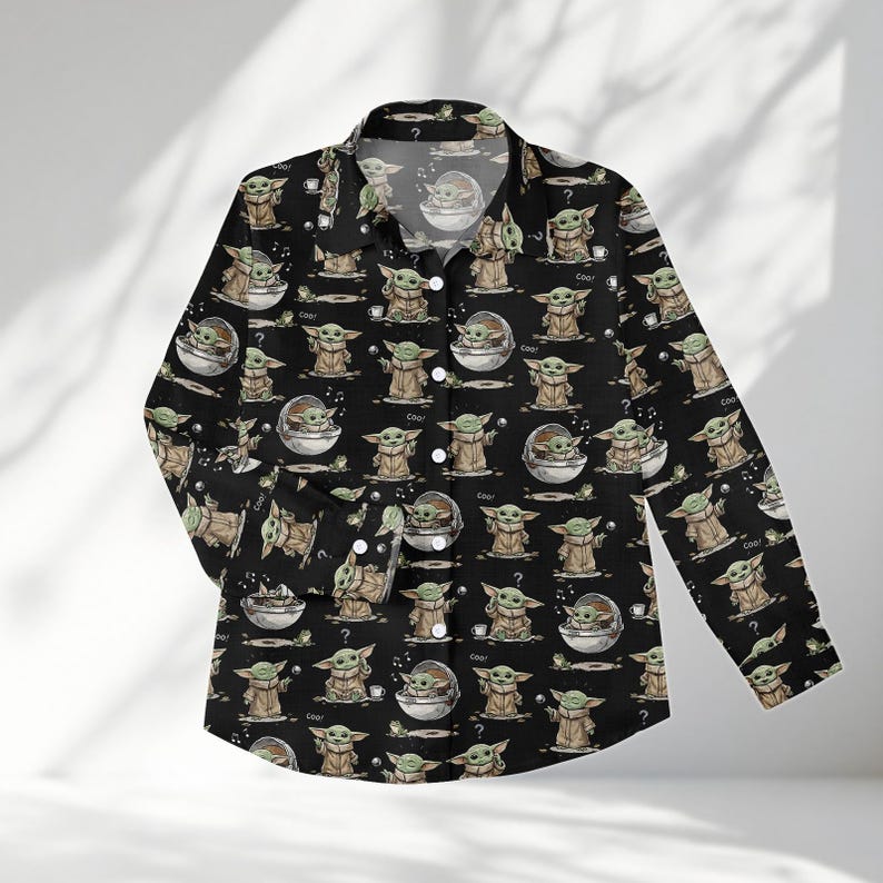 Star Wars Grogu Shirt Women, Cute Baby Yoda Blouse Shirt, Mandalorian Button Up Shirt, Disney World Gift, Star Wars Casual Top For Her
