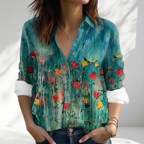 Artistic Teal Floral Shirt for Women, Hand Painted Style Flower Print Blouse, Boho Chic Button Up Top, Casual Loose Fit Summer Tunic
