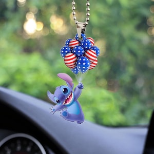 Stitch Balloon 4Th Of July Car Ornament, Stitch Usa Flag Car Hanging, Disney America Car Charm, Car Decoration,Lilo And Stitch Ornament