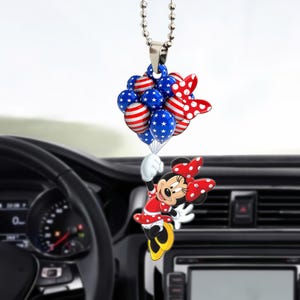 Minnie Balloon 4Th Of July Car Ornament, Minnie Usa Flag Car Hanging, Disney America Car Charm, Car Decoration, Minnie Mouse Ornament