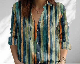 Watercolor Striped Blouse Women, Boho Button Up Shirt, Abstract Vertical Stripe Shirt, Artistic Casual Top, Spring Summer Gift For Her