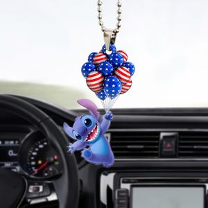 Stitch Balloon 4Th Of July Car Ornament, Stitch Usa Flag Car Hanging, Disney America Car Charm, Car Decoration,Lilo And Stitch Ornament