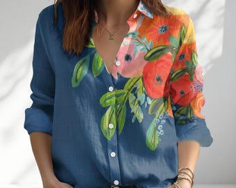 Abstract Floral Boho Women Blouse, Artistic Flower Print Casual Shirt, Vibrant Bohemian Button Up Shirt, Summer Shirt, Top Gift for Her