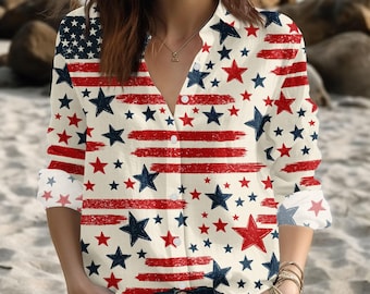 USA, chemise chemisier étoiles et rayures, haut boutonné drapeau américain patriotique, tenue femme 4 juillet, haut fête de l'indépendance, cadeau pour elle