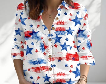Chemise chemisier avec drapeau américain, haut boutonné patriotique des États-Unis pour femme, chemise bleu blanc rouge 4 juillet, chemise décontractée des États-Unis, cadeau pour elle