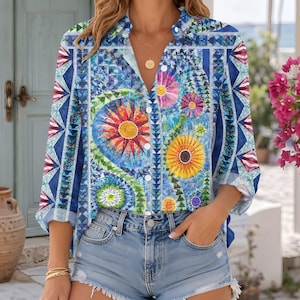 Artistic Sunflower Faux Denim Shirt, Blue Patchwork Floral Women Blouse, Short Sleeve Button Down Top, Boho Summer Shirt, Gift for Her
