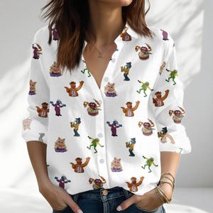 Vintage The Muppets Characters Blouse Shirt, Disney Women Button Shirt, Kermit Miss Piggy Shirt, Cute Casual Top, Summer Gift For Her