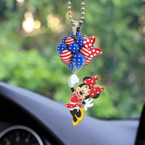 Minnie Balloon 4Th Of July Car Ornament, Minnie Usa Flag Car Hanging, Disney America Car Charm, Car Decoration, Minnie Mouse Ornament