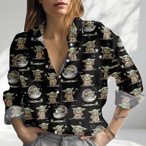 Star Wars Grogu Shirt Women, Cute Baby Yoda Blouse Shirt, Mandalorian Button Up Shirt, Disney World Gift, Star Wars Casual Top For Her