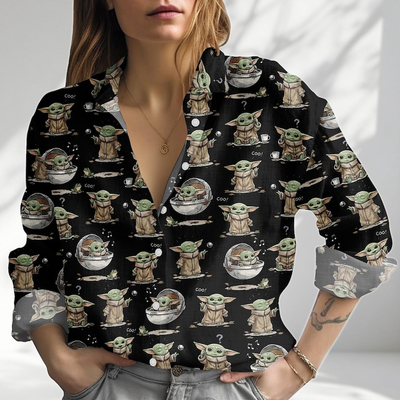 Star Wars Grogu Shirt Women, Cute Baby Yoda Blouse Shirt, Mandalorian Button Up Shirt, Disney World Gift, Star Wars Casual Top For Her